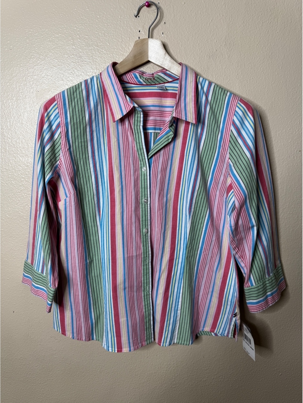 NWT Izod Shirt Women’s XL Multicolor Striped 3/4 Sleeve Button Up Cotton Blend